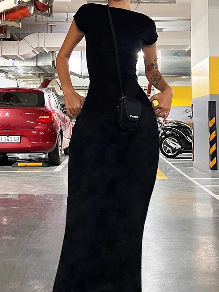Backless Skinny Short Sleeve Long Dress Summer Vacation Outfits
