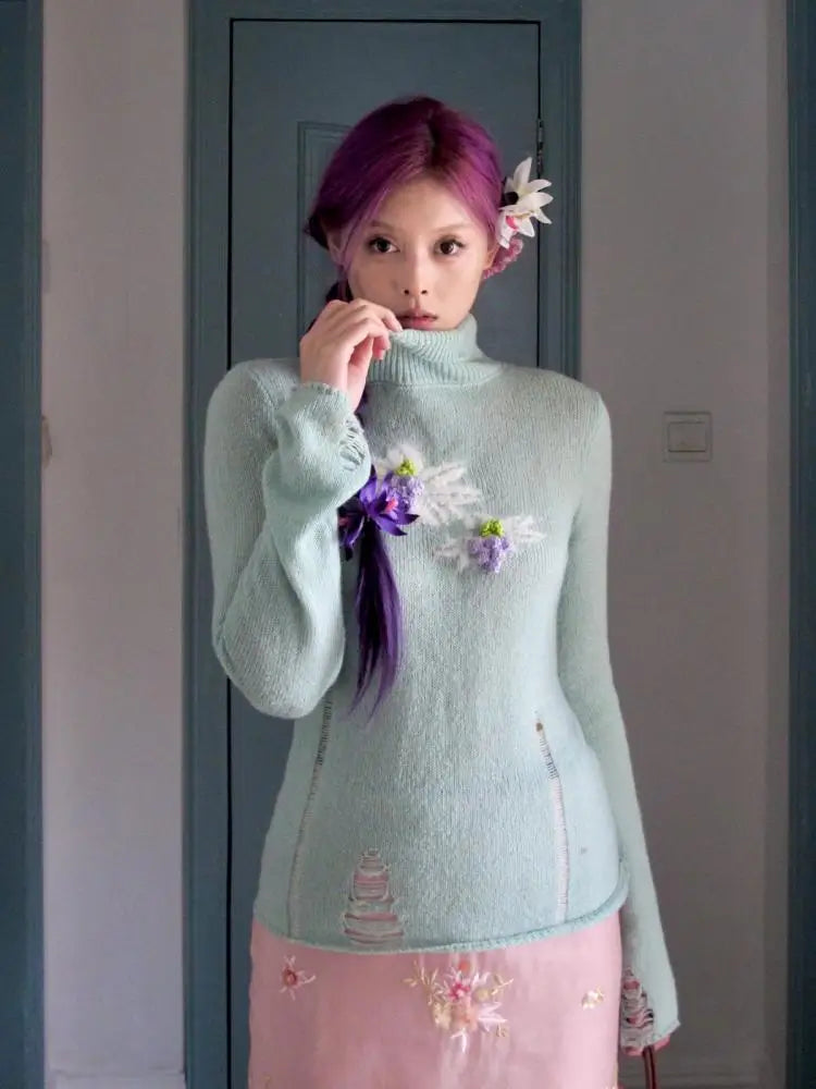 Flowers Print Sweater Clothes Long Sleeve Korean Autumn Tops Turtleneck Knitwear Pullovers Outerwears Y2k