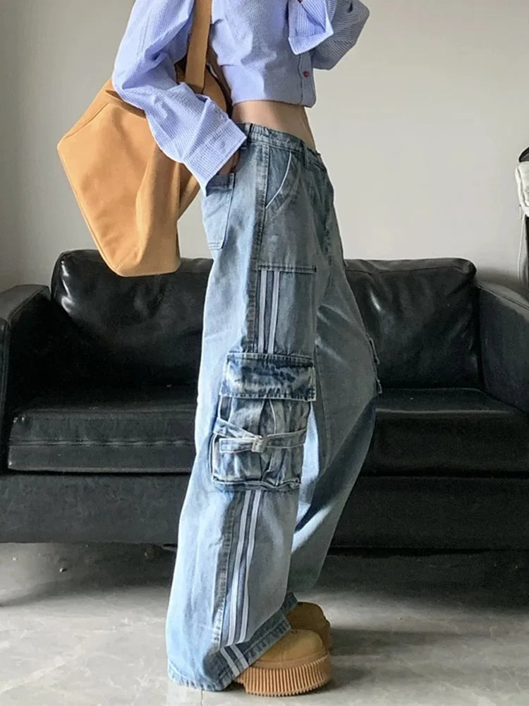 Stripe Blue Cargo Jeans Y2k Harajuku Loose Korean High Waist Denim Trousers Hip Hop Causal Female Pants