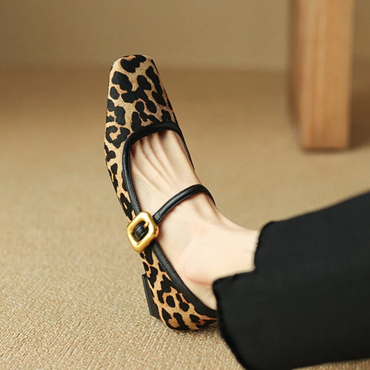 New Spring/autumn Pumps Square Toe Chunky Heel Shoes Horsehair Leopard Shoes for Concise High Heel Buckle Mary Janes
