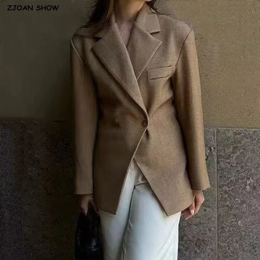 Double Buttons Bf Blazer Boyfriend Notched Cut Out Front Hem Long Sleeve Suit Loose Female Coat Camel
