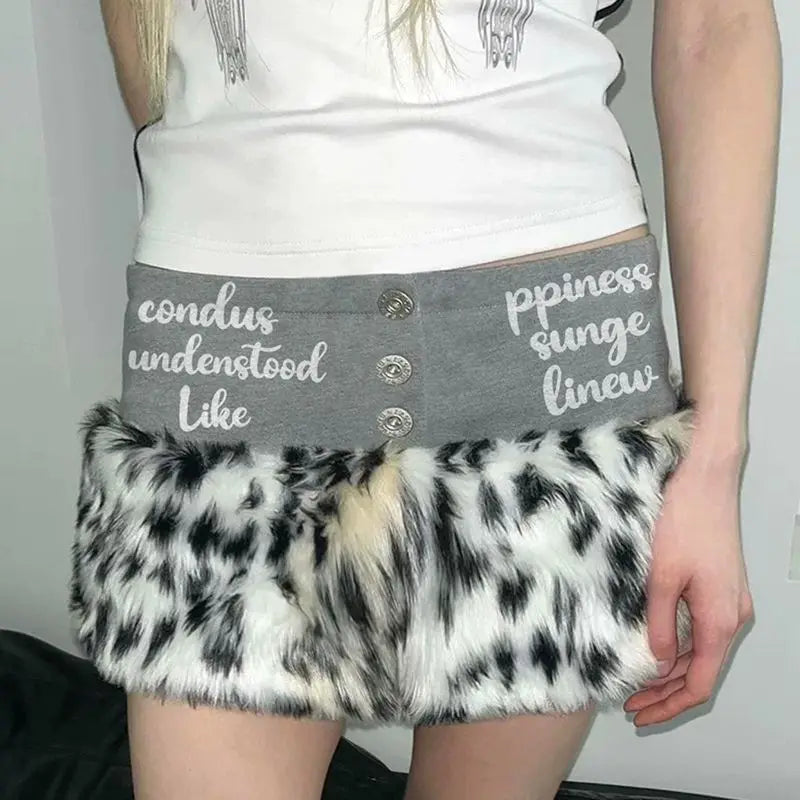Leopard Pattern Fur Splicing Button Low Waist Short Skirt for American Spicy Girl Letter Printed Slim Mini Y2k Skirt