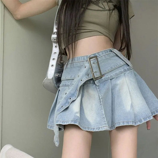 Denim Skirt Summer Korean High Waist Slim Fit Skirt Y2k Belt Split Pleated Short Skirt