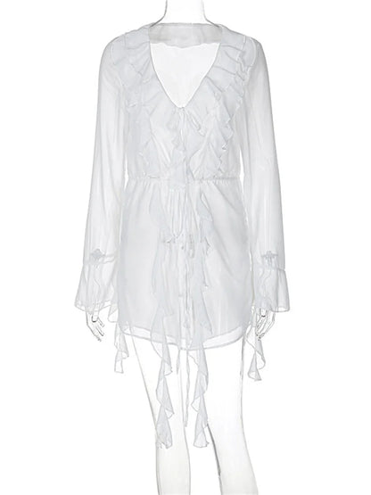 White Ruffled Mini Dress Lace-up See-through Long Sleeve V-neck Party Dress Female Bandage Mini Dress