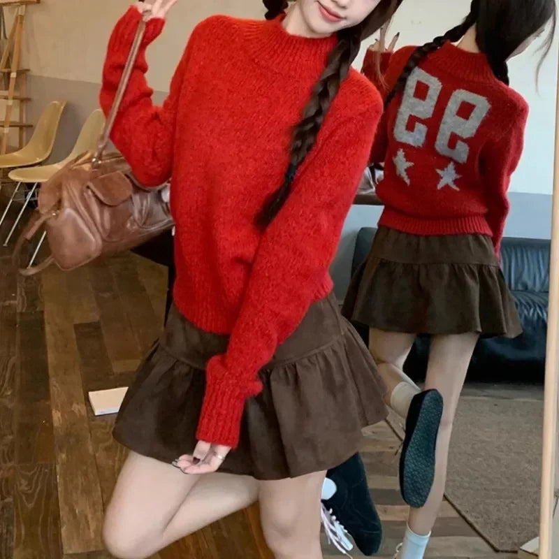 Half High Neck All Match Long Sleeve Sweater Spring New Contrast Color Digital Embroidery Tops
