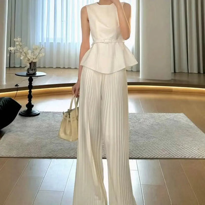 Sleeveless Top Waist Belted Slim Tank Top Pleated Wide Leg Pants Set Commuting Professional Two Piece Set Outfits