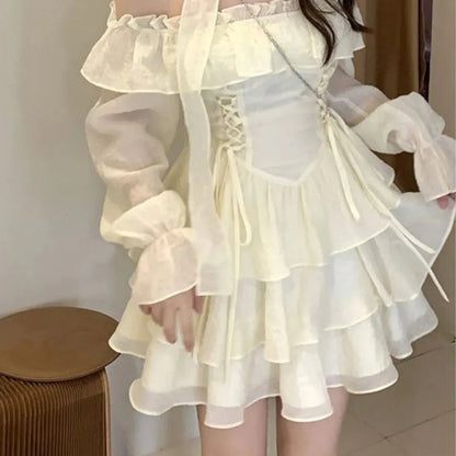 Mini Dresses Woman Off Shoulder Ruffles Aline Long Sleeve Laceup Short Party Dress Korean One Piece New