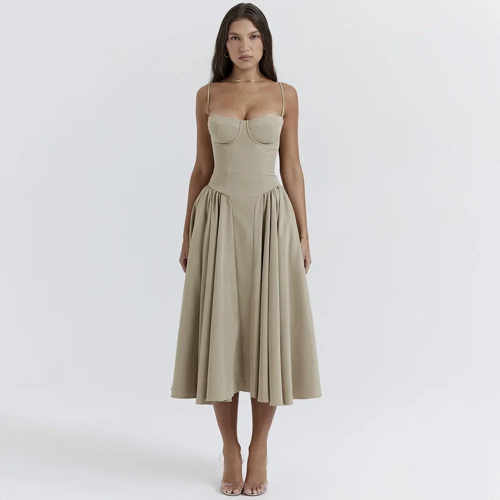 Spaghetti Strap Slim A-line Midi Dress