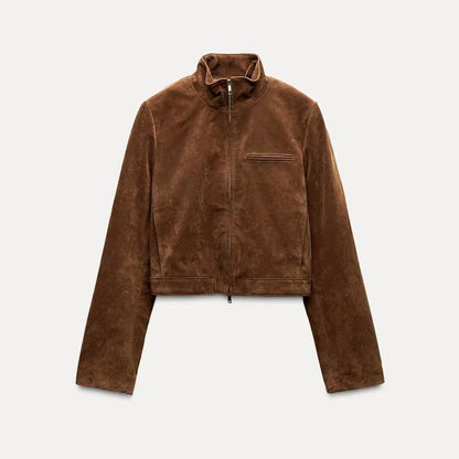 Stand Collar Suede Leather Jacket Coat Zipper Retro Long Sleeved Biker Jackets Loose Front Shoulder Short Outwear