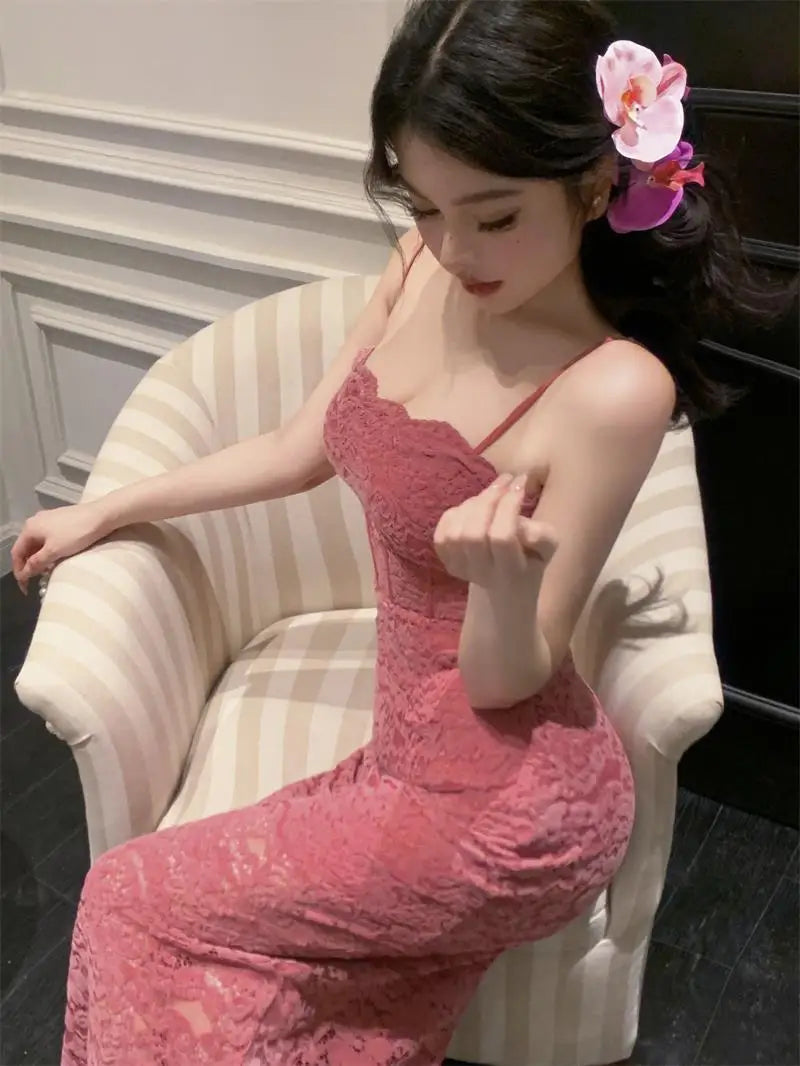Rose Red Hollow Lace Suspender Dress for in Summer Waisthugging Skirt