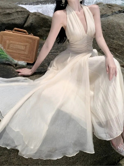 Summer Sleeveless Halter Long White Maxi Dress Tight Waist Vneck Beach Dress Robes Du Soir Evening Dresses Wedding Prom