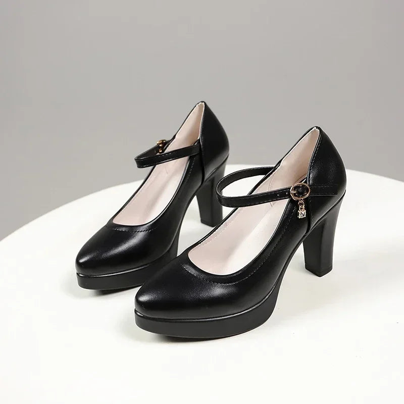 Ankle Strap Thick Heels Pumps for Pu Leather Office High Heeled Shoes Woman's Platform Mary Jane Shoes