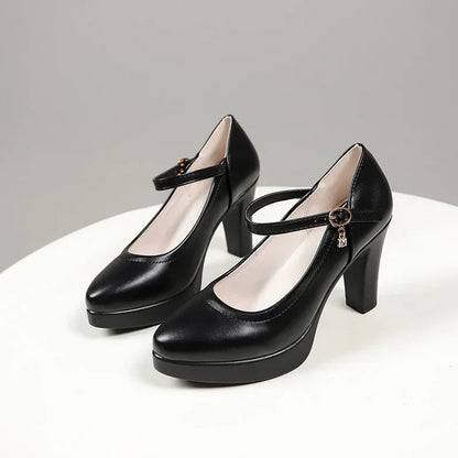 Ankle Strap Thick Heels Pumps for Pu Leather Office High Heeled Shoes Woman's Platform Mary Jane Shoes