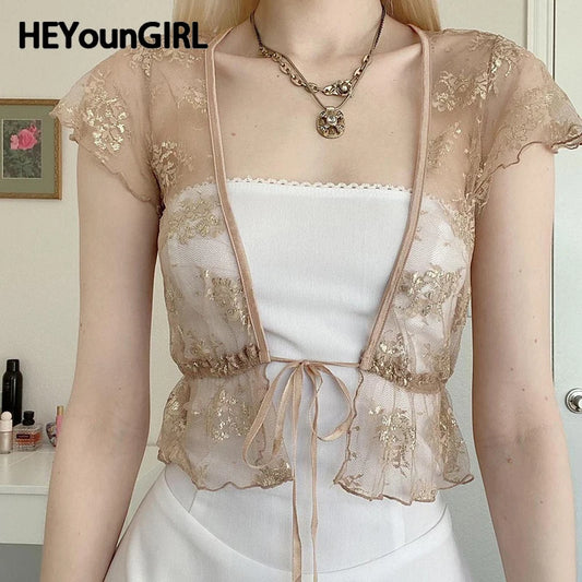Transparent Lace Cardigan Top Brown Short Sleeve Crop Tee Shirt Y2k Lace-up V Neck Top