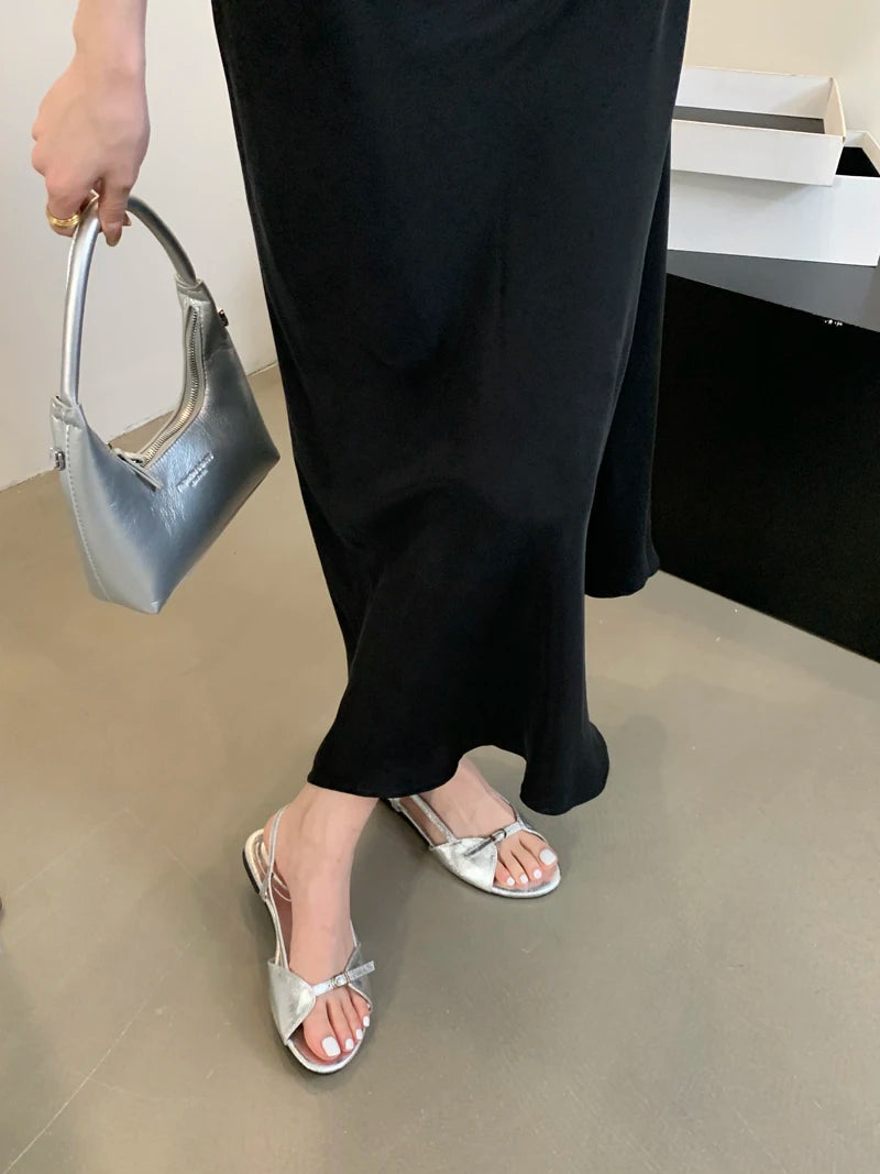 Silver Sandals Flats Brown Belt Buckle Shoes Summer Flats Sandal Comforts Sandalias De Mujer