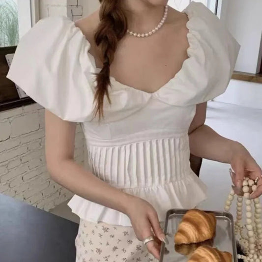 V Neck Blouses Spring Summer Puff Sleeve Sweet Shirts Korean Blusas Mujer