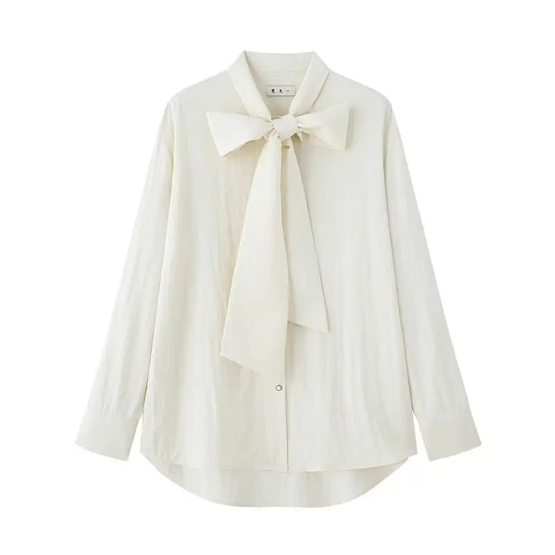 Beige Blouse Bow Tie Long Sleeve Shirt Female Oversized Office Spring Clothes