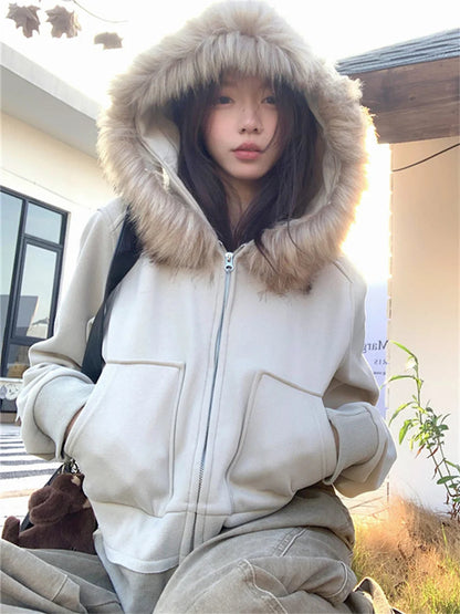 Fur Hooded Sweatshirts Loose Plush Winter Warm Daily Ol New All Match Coats