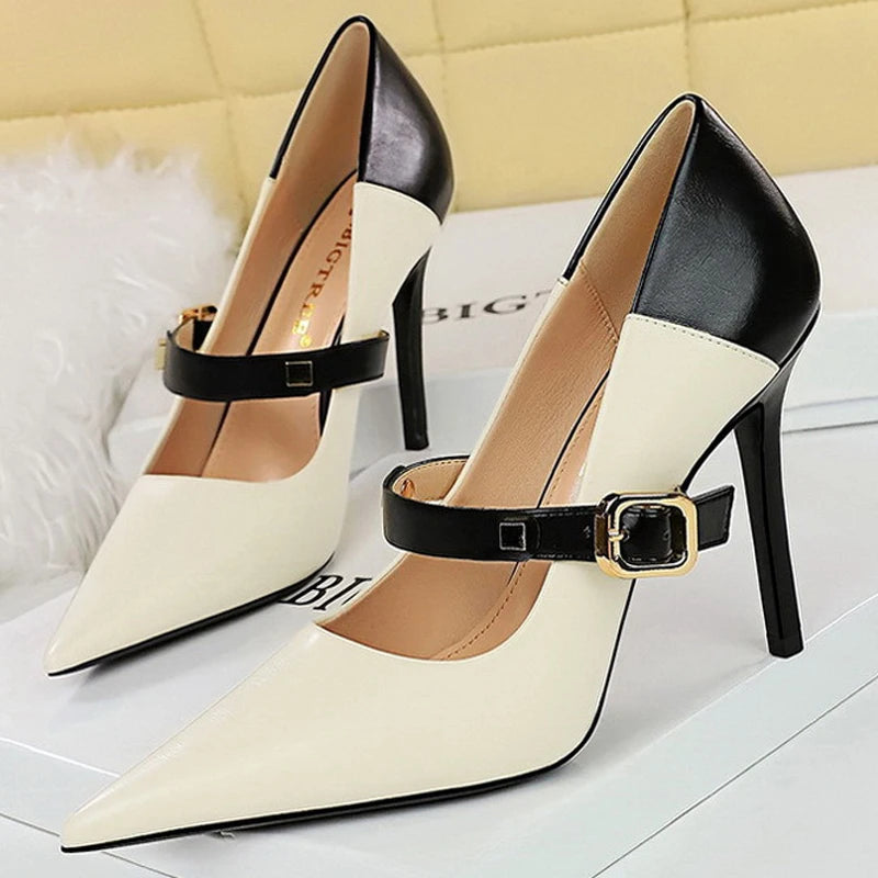 Retro Pumps Mixed Colors High Heels Stilettos Pu Leather Shoes Metal Buckle Heels Office Shoes Large Size 43
