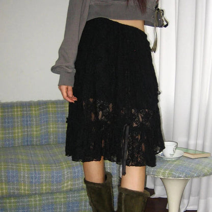 Low Waist Drawstring Pleated Kneelength Skirt Spring New Korean Hollow Color Lace Aline Skirt