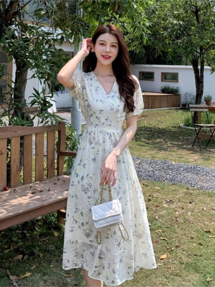 Summer New Chinese Style Midi Dresses for Printed V-neck Puff Sleeve A-line Dress One Piece Vestido
