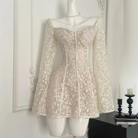 Lace Mini Dresses for Square Collar Flare Sleeve Slim Waist Aline Evening Party Dress Wedding Prom Short Vestidos