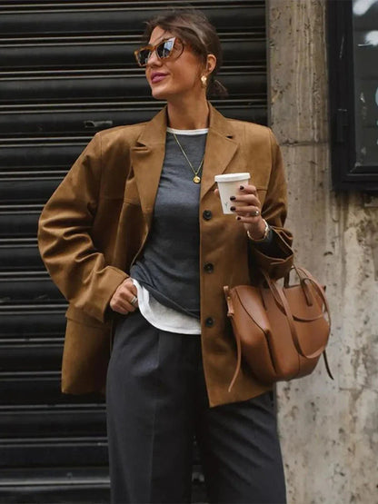 Brown Cropped Lapel Jacket Single Breasted Long Sleeve Loose Coat New Winter Female