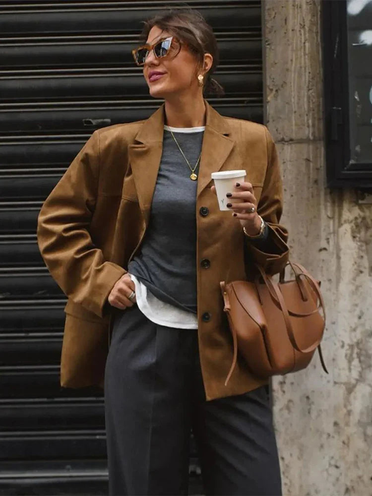 Brown Cropped Lapel Jacket Single Breasted Long Sleeve Loose Coat New Winter Female