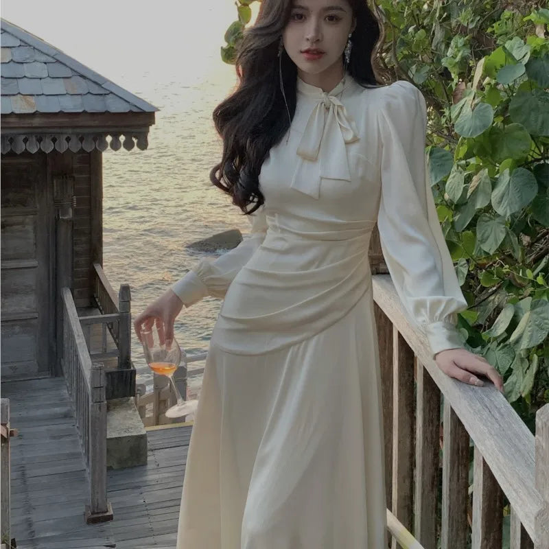 Stain Midi Dresses for Long Sleeve Oneck Bow Tie Aline Korean Vestidos Folded Design Party Prom