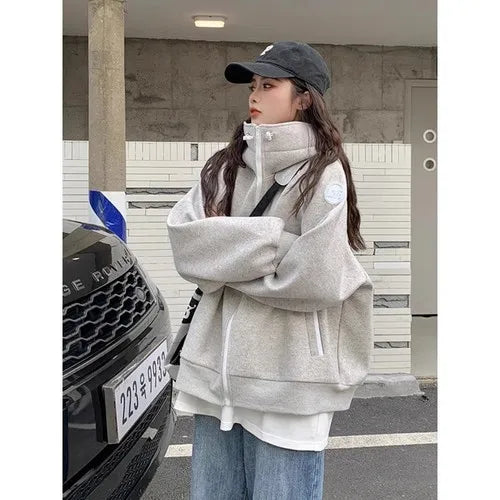 Sporty Hooded Longsleeved Sweatshirt Jacket for Autumn Stand Collar Loose Zippered Top Female Clothes