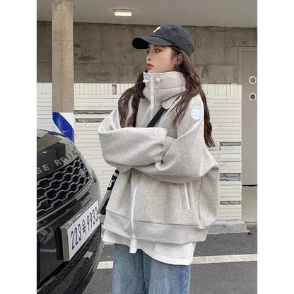 Sporty Hooded Longsleeved Sweatshirt Jacket for Autumn Stand Collar Loose Zippered Top Female Clothes