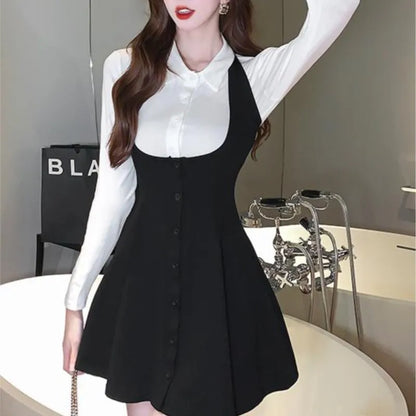 Autumn New Two-piece Skirt Sets Long Sleeve White Blouse High Waist Halter Mini Dress Korean Y2k Harajuku Outfits