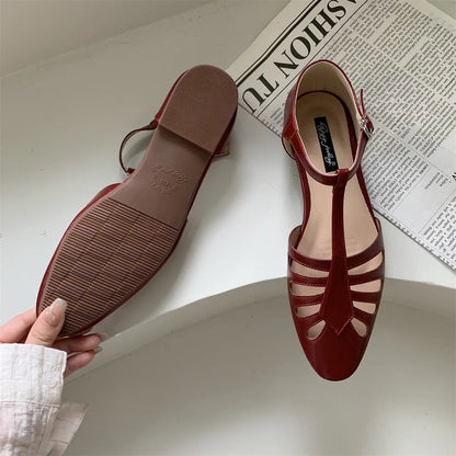 Tstrap Rome Flat Sandals Hollow Out Summer Mary Janes Shoes Pu Leather Holiday Gladiator Sandals