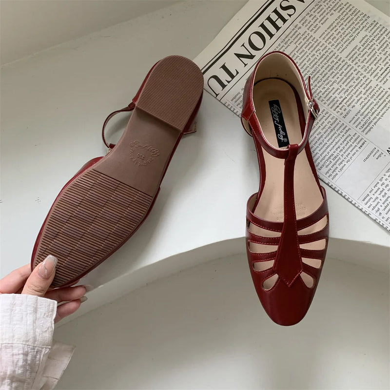 Tstrap Rome Flat Sandals Hollow Out Summer Mary Janes Shoes Pu Leather Holiday Gladiator Sandals
