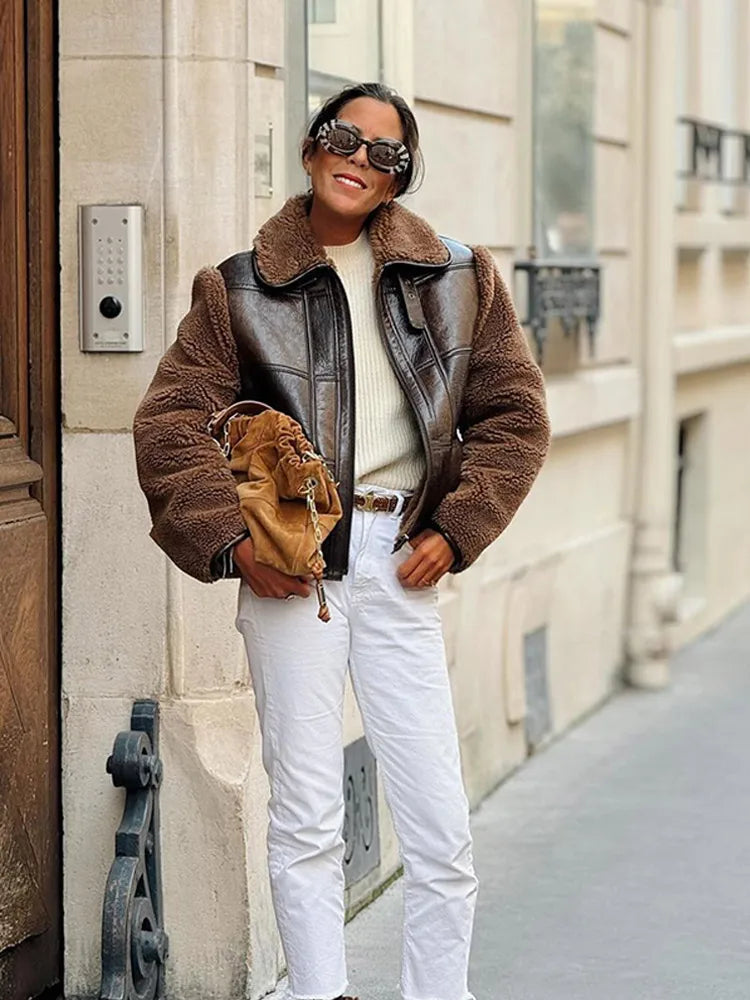 Zipper Patchwork Lamb Wool Leather Coats for Oversized Lapel Warm Jackets Lady High Street Outerwears