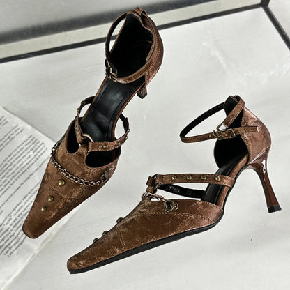 Retro Rivets Metal Chain High Heels Thin Heel Party Dress Shoes Office Shoes Pointed Toe Pump Sandals