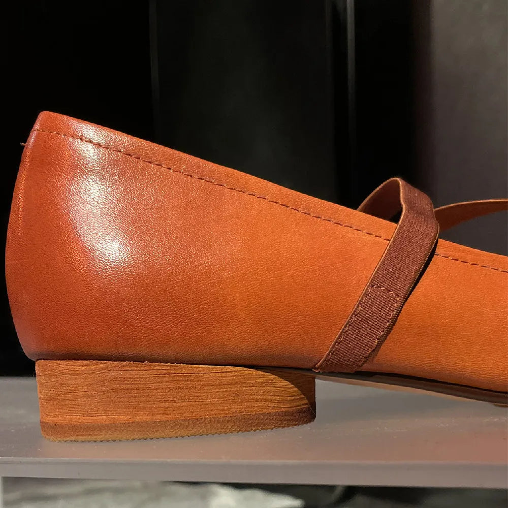 Womenn's Genuine Leather Square Toe Elastic Band Slipon Ballet Flats Cross Strap Female Slim Soft Comfortable Ballerians Shoes