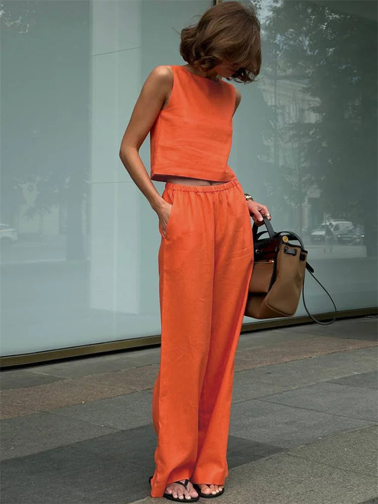 Summer 2 Piece-set ’s Pants Sleeveless Cropped Vest Top and Wide Leg Trousers Sets Female Outfits Trousers