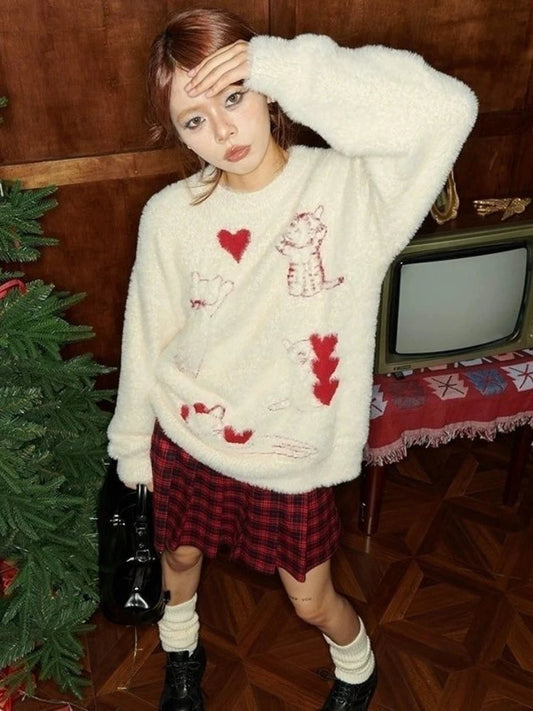 Sweet College Style Pullovers Jacquard Cat Sweater Jumper New Winter Agereducing Loose Knit Top