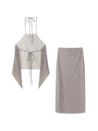 Summer 2 Piece Set Wave Print Halter Tank Top Backless Lace Up Tops Female High Waist Pencil Skirts