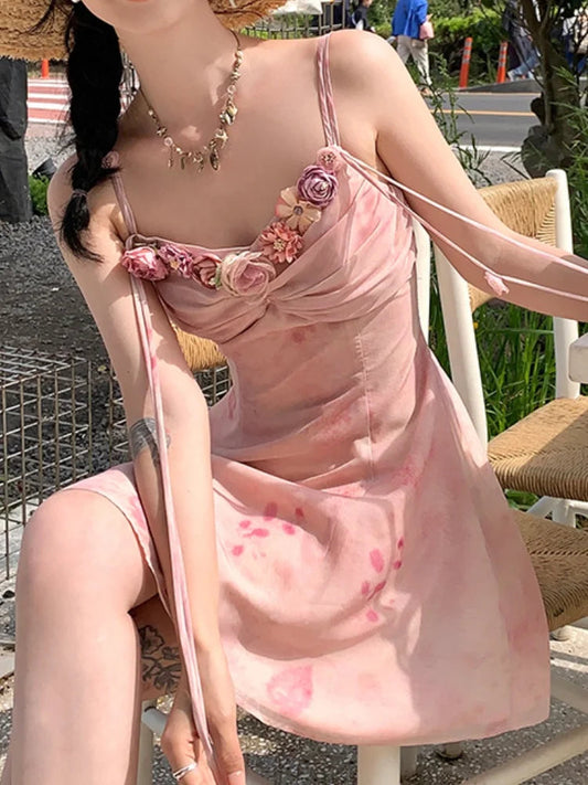 Summer French Spaghetti Strap Mini Dress Flower Frocks Party Evening Onepiece Y2k