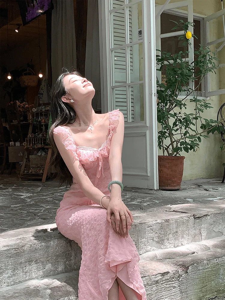 French Midi Dress Evening Party Beach Dress Korean Bodycon 2000s Y2k Clothing Outwear