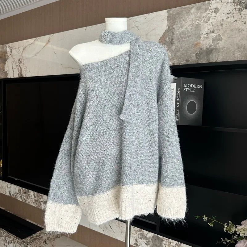 Sweet Hot Girl Slash Neck Halter Sweater Autumn/winter Loose Off Shoulder Sequin Knitted Pullover Female Clothes