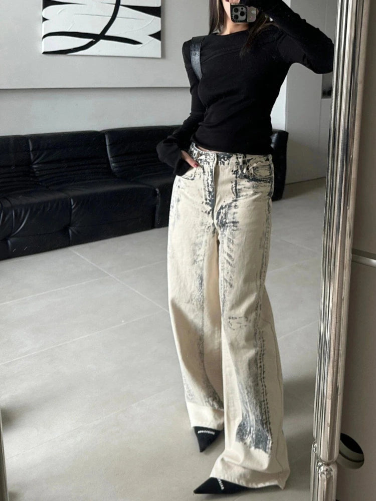 Tie Dye Jeans Hip Hop Baggy Street Do Old Straight Wide Leg Denim Trousers Y2k Dirty Female Pants