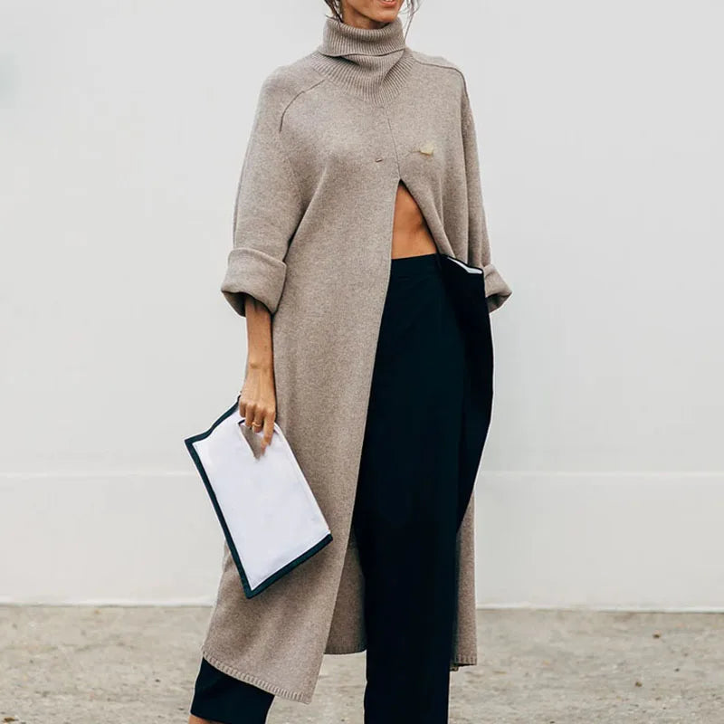 Stylish New Knitting Tops Commuter Turtleneck Sweater Coats Female Warm Long Sleeve Split Jumper Pullover Knit