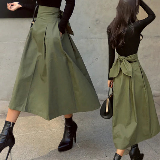 New Autumn Black Skirts Korean Color Big Swing Female Skirt Long Skirt Wild High Waist Bow Slim Skirts
