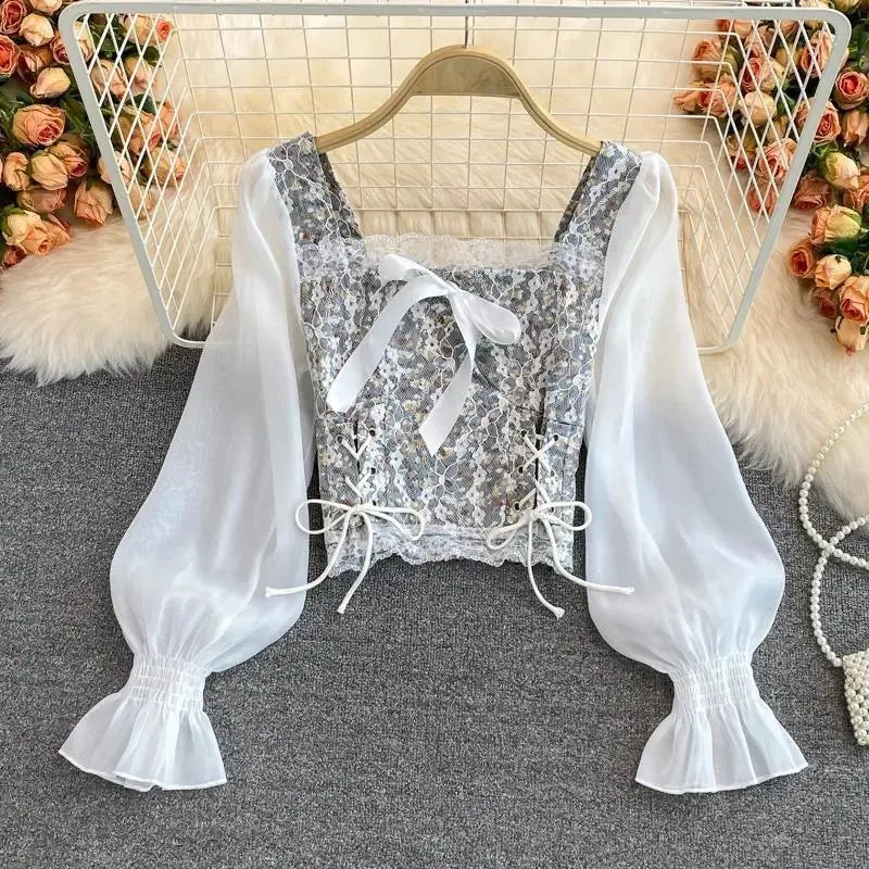 Cropped Shirts Bow Lace Patchwork Blouses Summer Korean Print Square Collar Bandage Long Sleeve Slim Tops