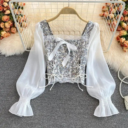Cropped Shirts Bow Lace Patchwork Blouses Summer Korean Print Square Collar Bandage Long Sleeve Slim Tops