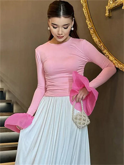 Mesh Ruffled Patchwork T-shirt Top for Long Sleeve High Waist Cropped Top Pullover Female Slim Y2k Top