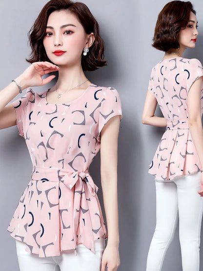 Summer Style Chiffon Blouses Shirts Lady Short Sleeve O-neck Polka Dot Printed Blusas Tops Df2824